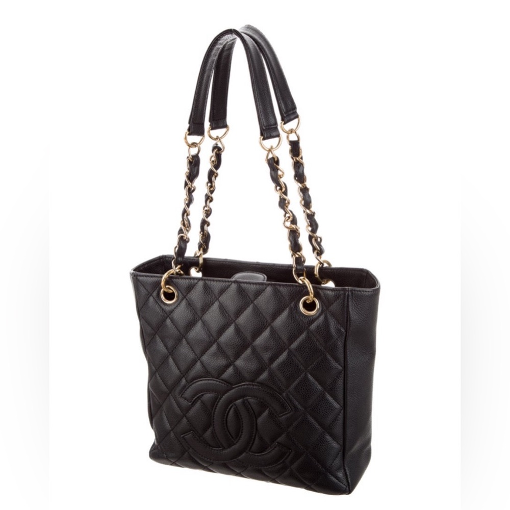 CHANEL Black Quilted Leather Tote with Gold Chain Straps